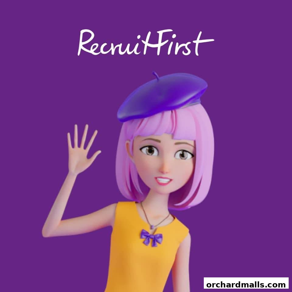 A cartoon character with pink hair and a purple beret waves hello.