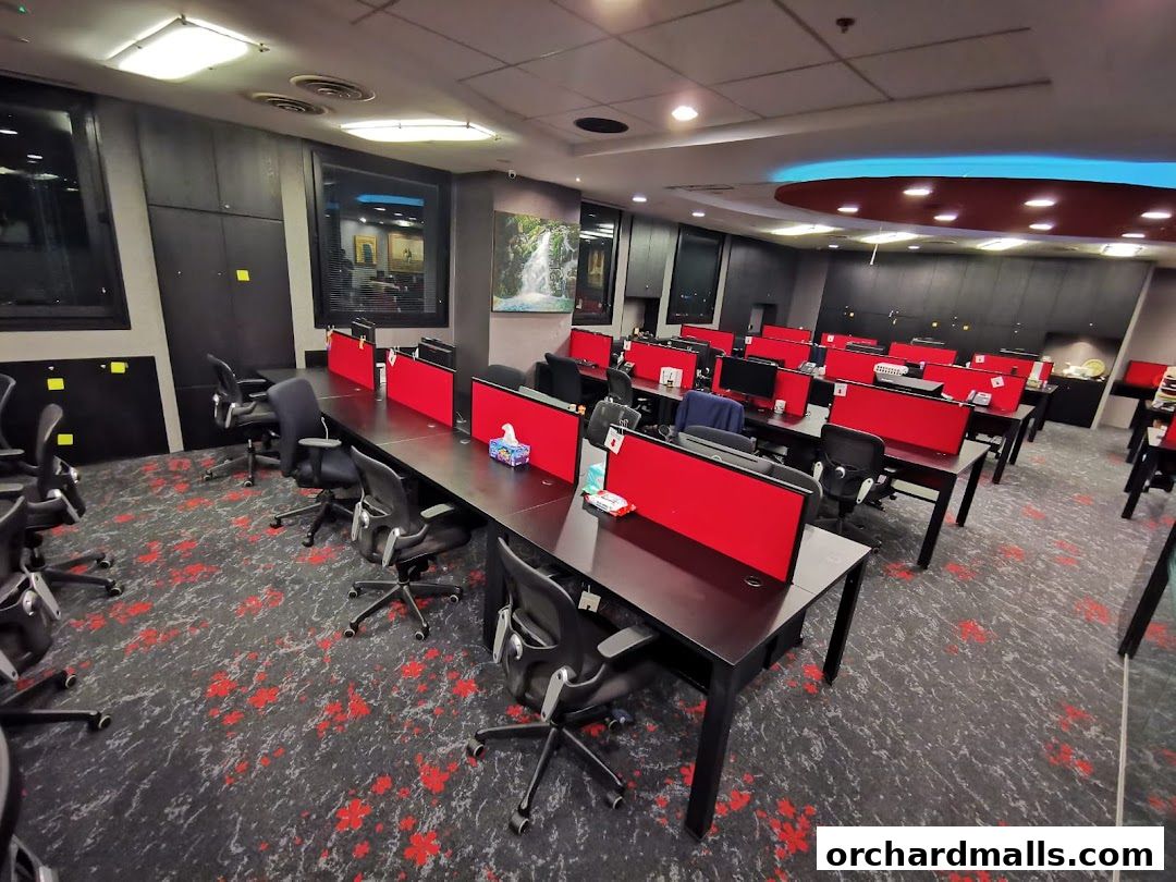 Modern office space with rows of desks, chairs, and computers, featuring red dividers.