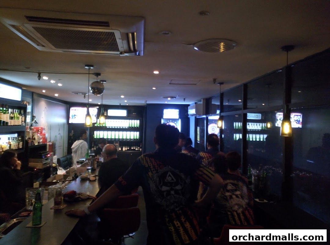 Interior of a bar with people playing darts and sitting at the bar.