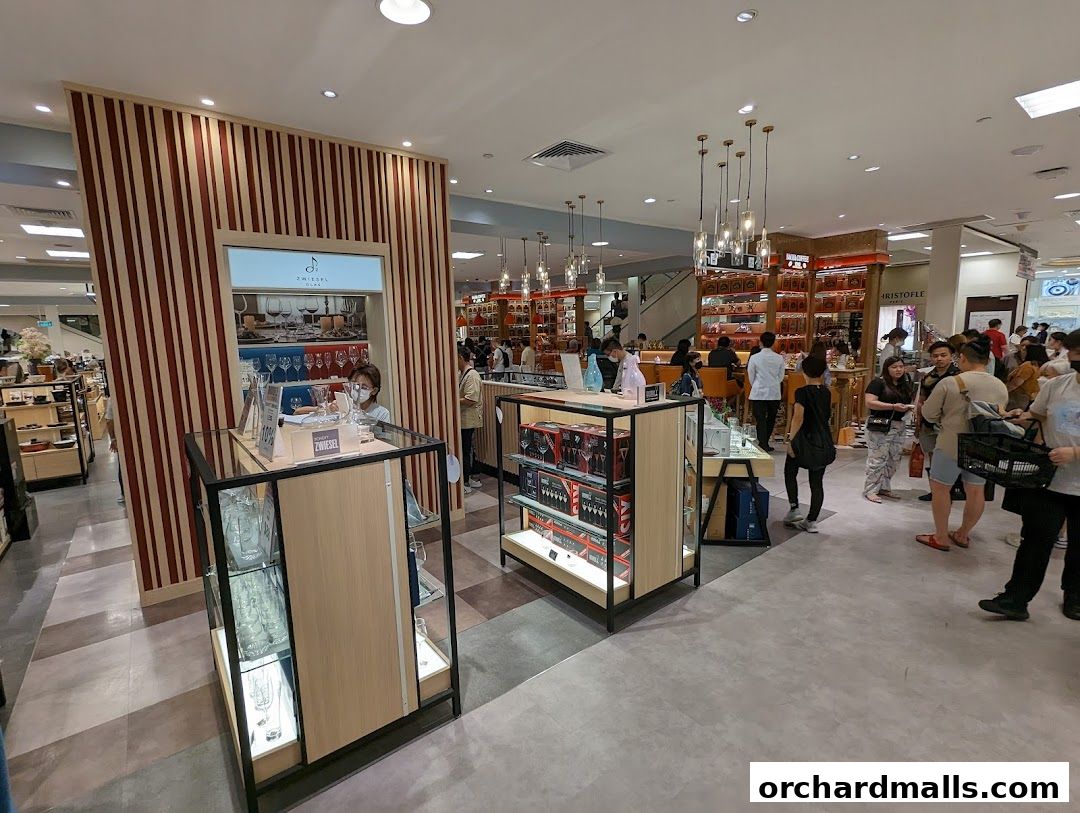 Interior view of a Riedel glassware store within Takashimaya department store.