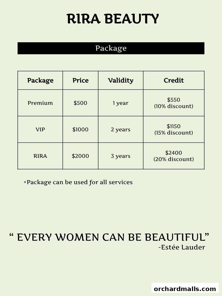 Menu page for RIRA BEAUTY- Korean Beauty Salon