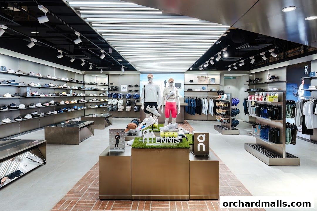 Interior of a modern sports apparel and footwear store with mannequins and product displays.