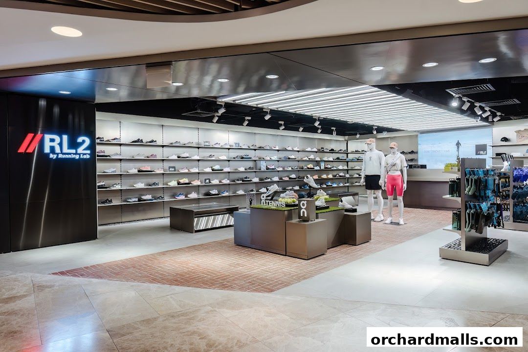 Interior view of RL2 by Running Lab shoe store with extensive shoe displays and mannequins.