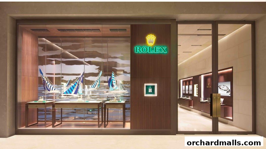 Exterior view of a Rolex boutique with a nautical-themed window display and illuminated signage.