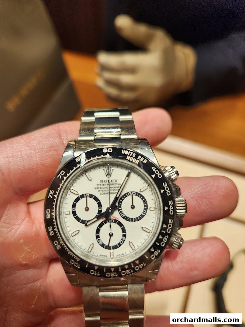 A person holds a Rolex Daytona watch with a white dial and black subdials.