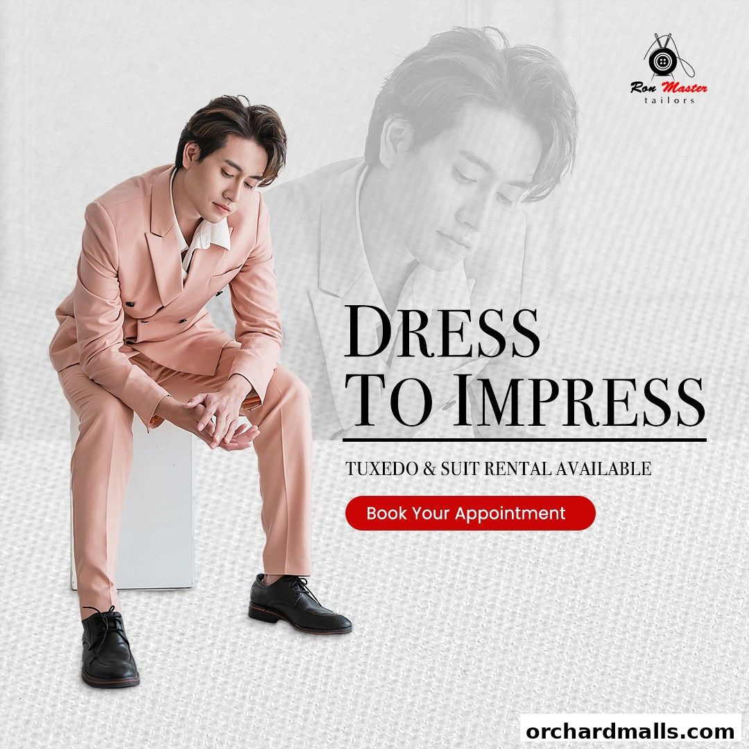 A man in a peach suit is featured with the text 'Dress to Impress' and tailoring services.