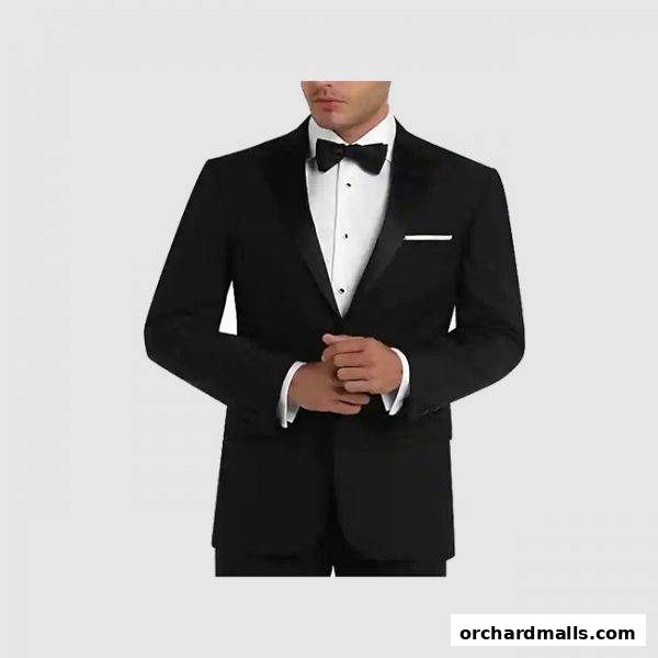 A man wearing a black tuxedo with a white shirt and black bow tie.