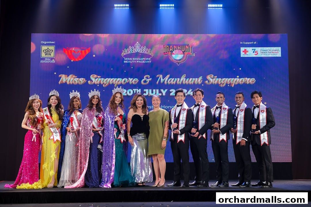 Winners and organizers pose on stage at the Miss Singapore & Manhunt Singapore pageant.