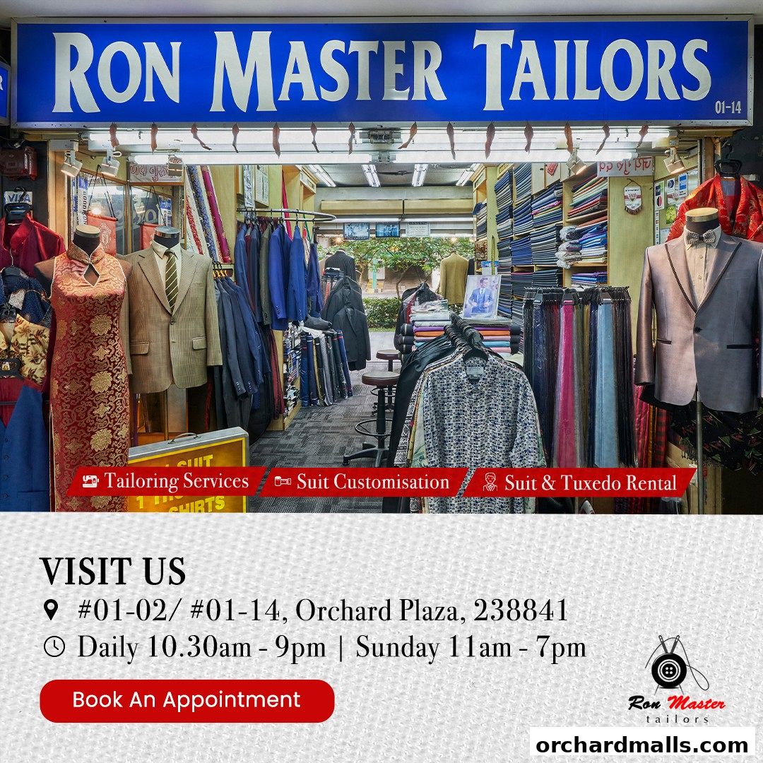 Exterior view of Ron Master Tailors shop showcasing suits, fabrics, and tailoring services.