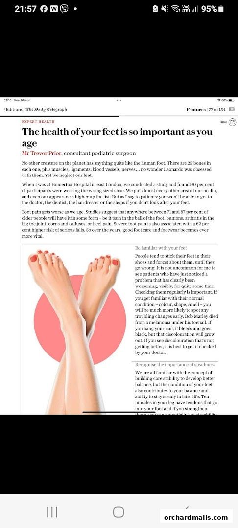 An article about foot health featuring an image of crossed, well-manicured feet.