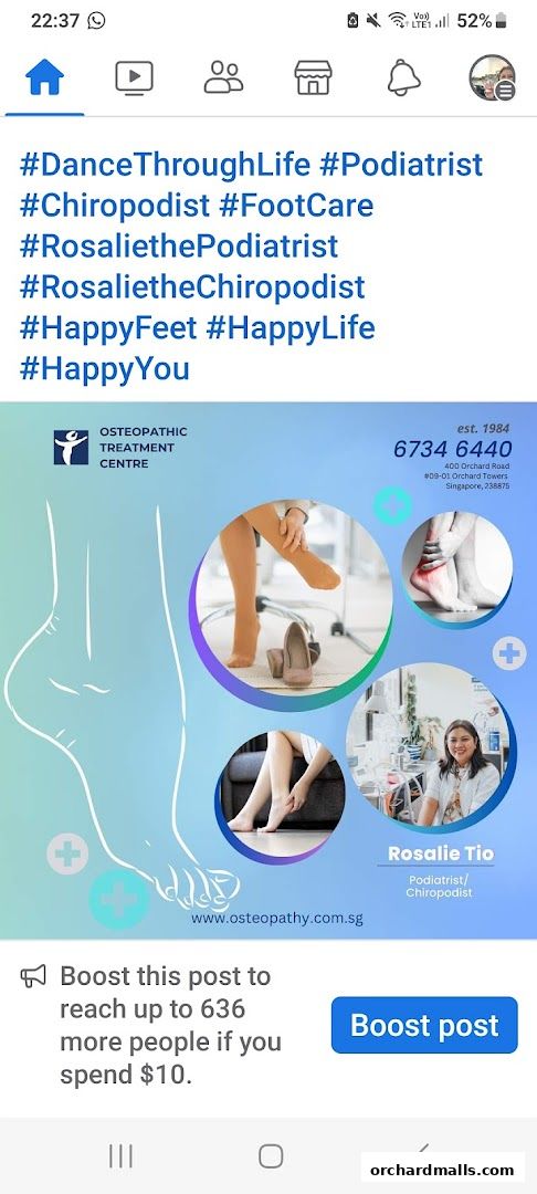 Image promoting Rosalie Tio, a Podiatrist/Chiropodist, with contact and location details.