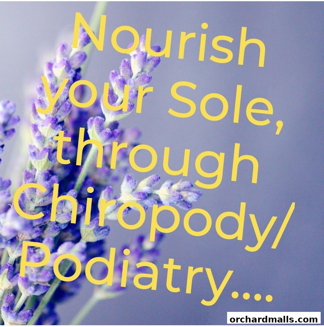 A close-up of lavender with yellow text overlay promoting chiropody/podiatry services.
