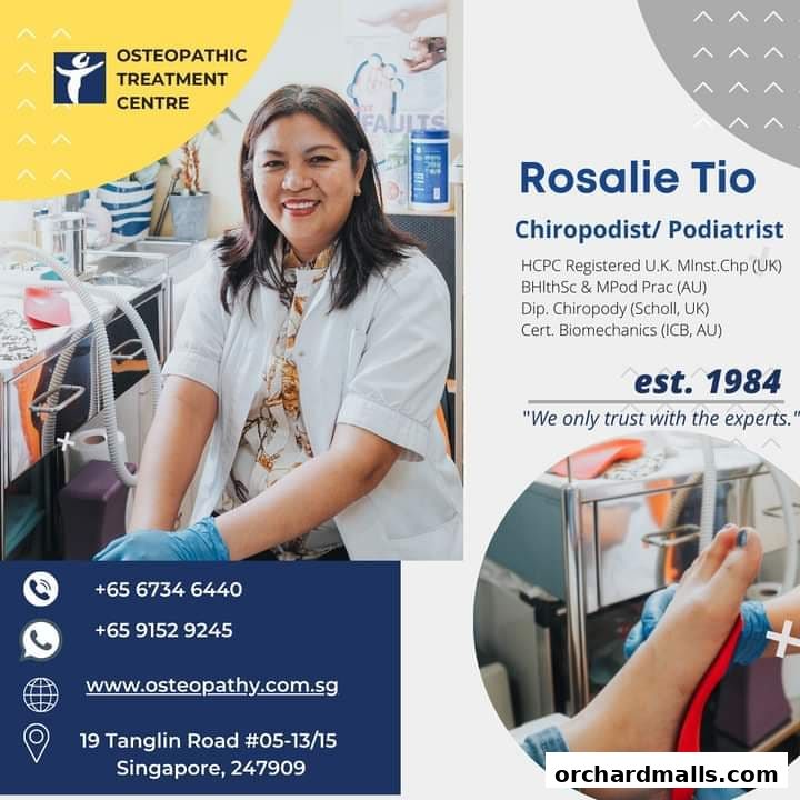 Portrait of Rosalie Tio, a Chiropodist/Podiatrist, with clinic details and contact information.