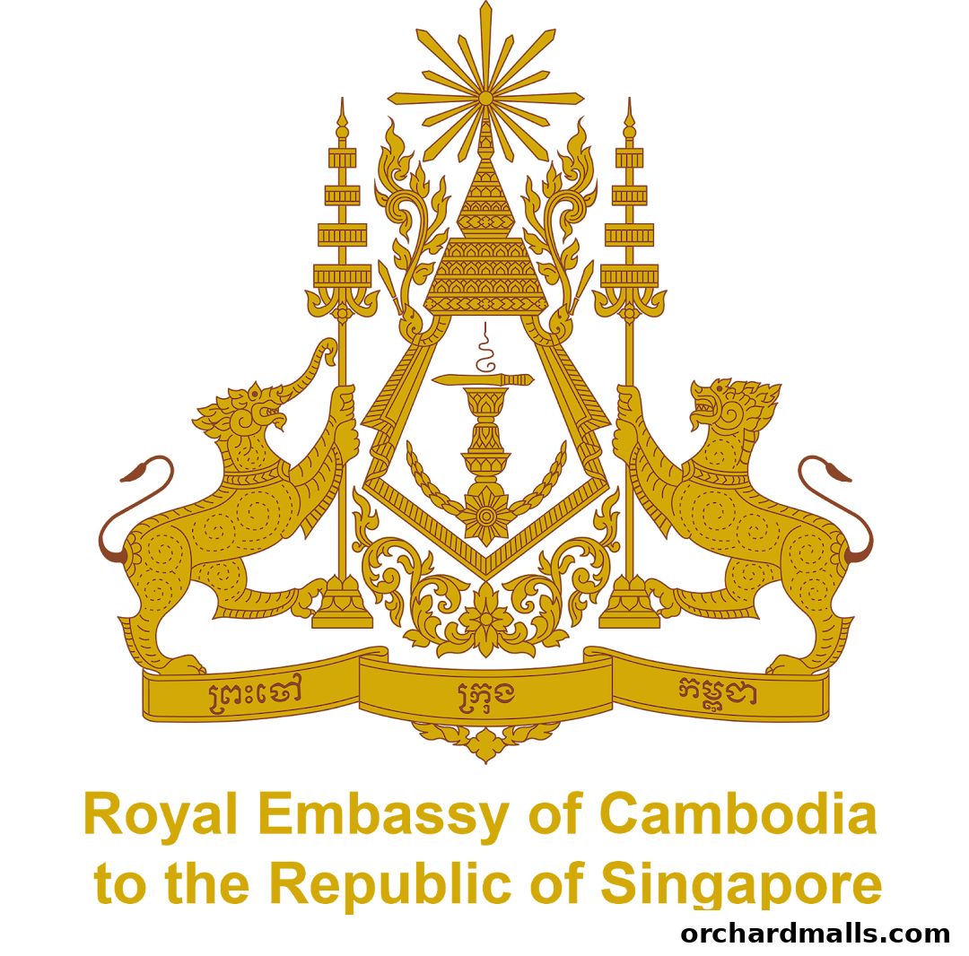 The Royal Emblem of Cambodia with text indicating the Royal Embassy of Cambodia to Singapore.