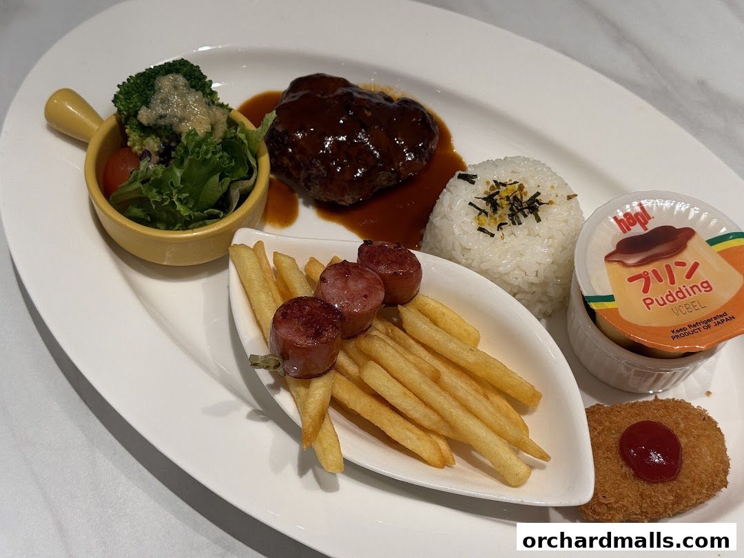 A plate of food featuring a hamburger steak, rice, fries, sausage, salad, and pudding.