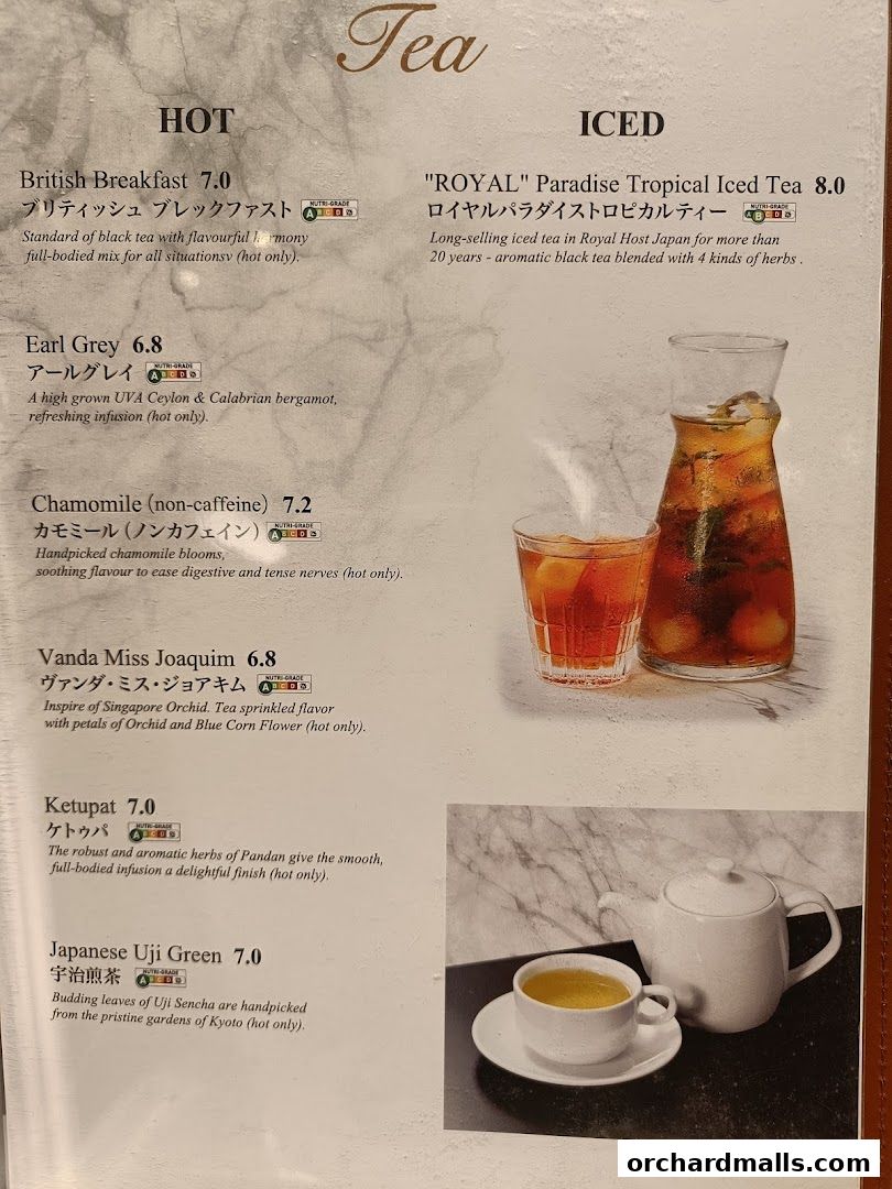 A menu page showcasing various hot and iced tea selections with descriptions and prices.