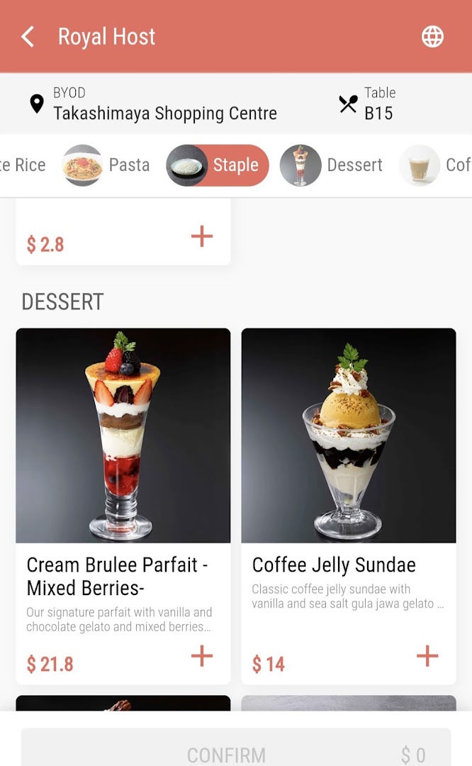 Menu page for Royal Host Takashimaya S.C.