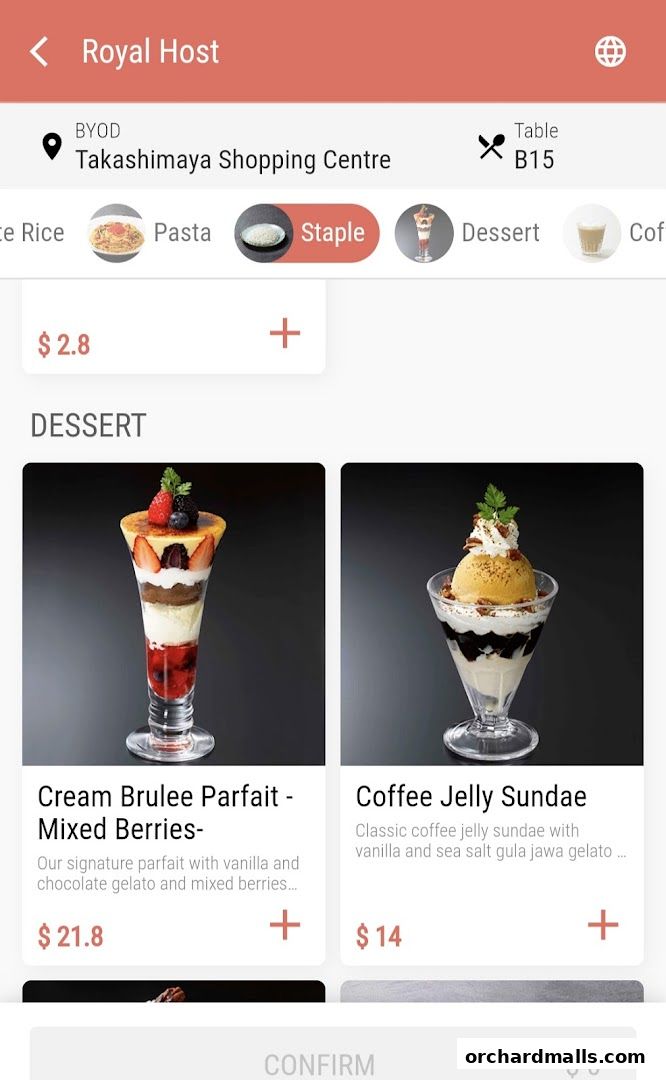 A digital menu displaying desserts from Royal Host at Takashimaya Shopping Centre.