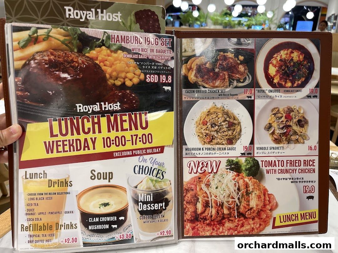 A Royal Host lunch menu featuring various set meals, pasta, and drinks.