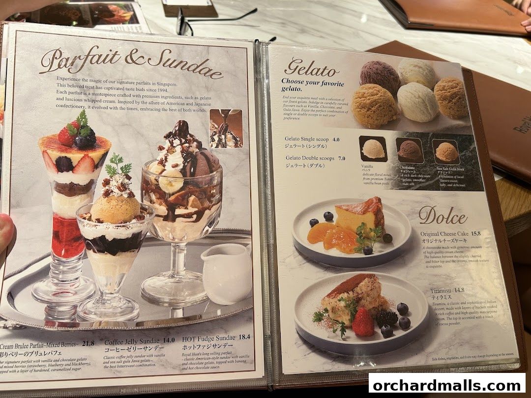 A menu showcasing parfaits, sundaes, gelato, cakes, and tiramisu with enticing descriptions and prices.