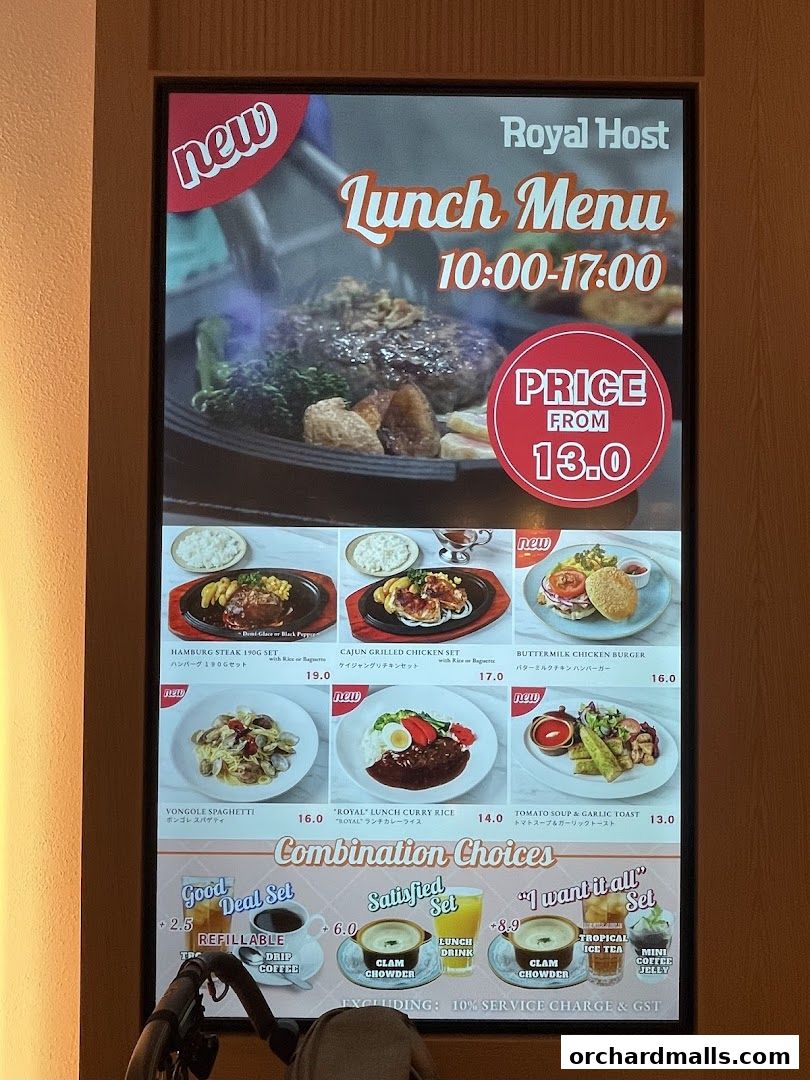 A digital menu board displaying Royal Host's lunch specials and combination choices.