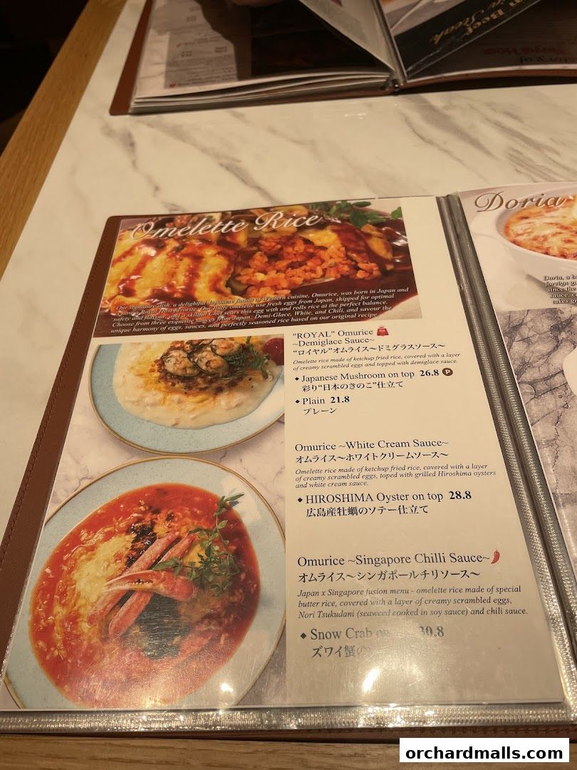 A menu page showcasing various Omelette Rice dishes with descriptions and prices.