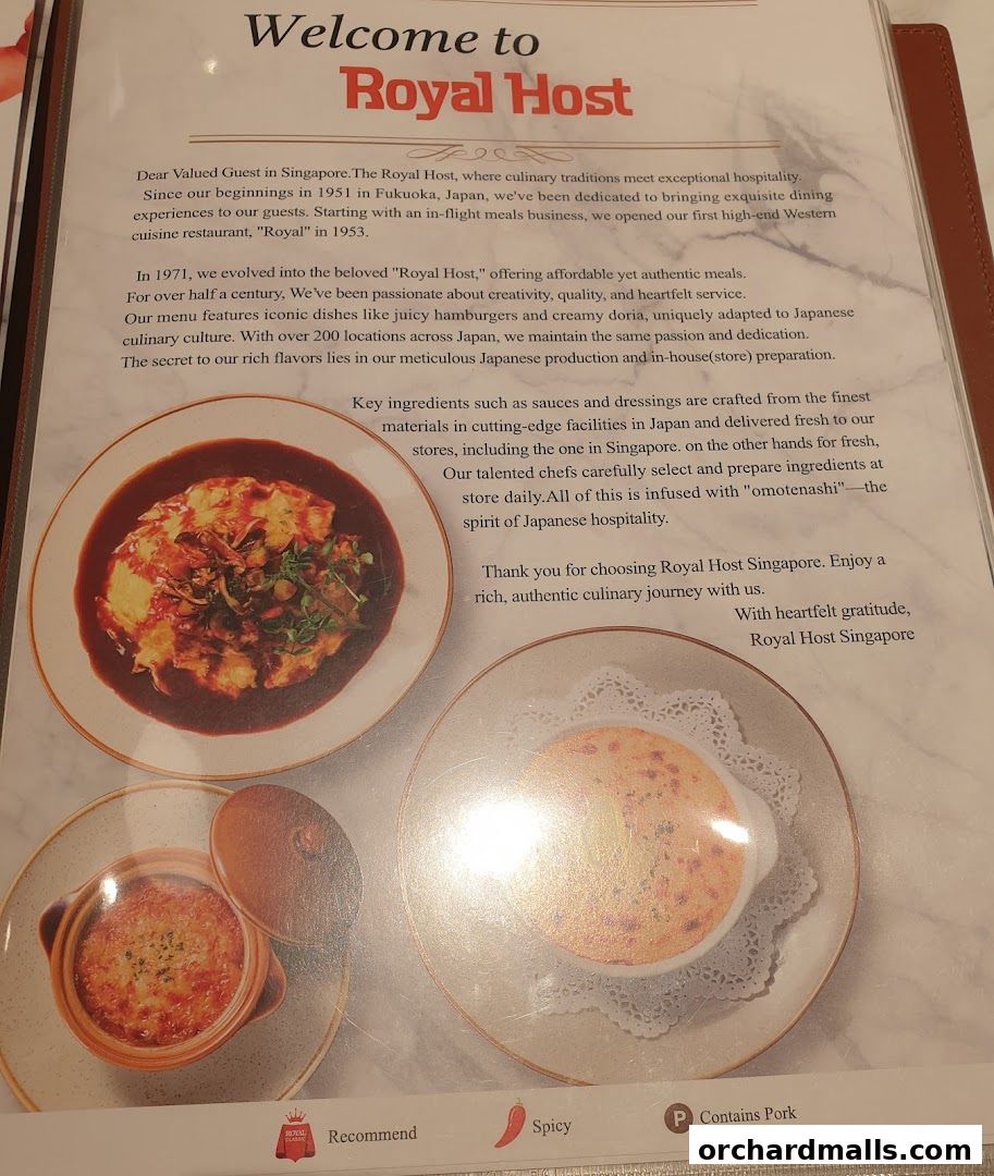 A menu page from Royal Host Singapore showcasing their culinary offerings and hospitality.