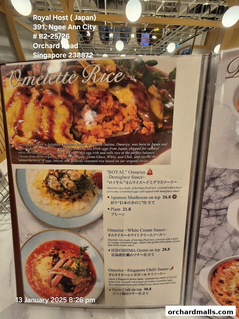 A menu featuring Omelette Rice with various sauce and topping options.