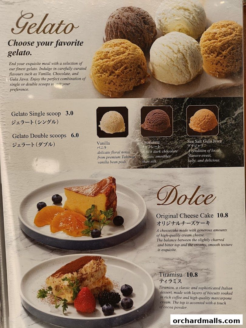 A menu showcasing gelato flavors, cheesecake, and tiramisu with enticing descriptions.