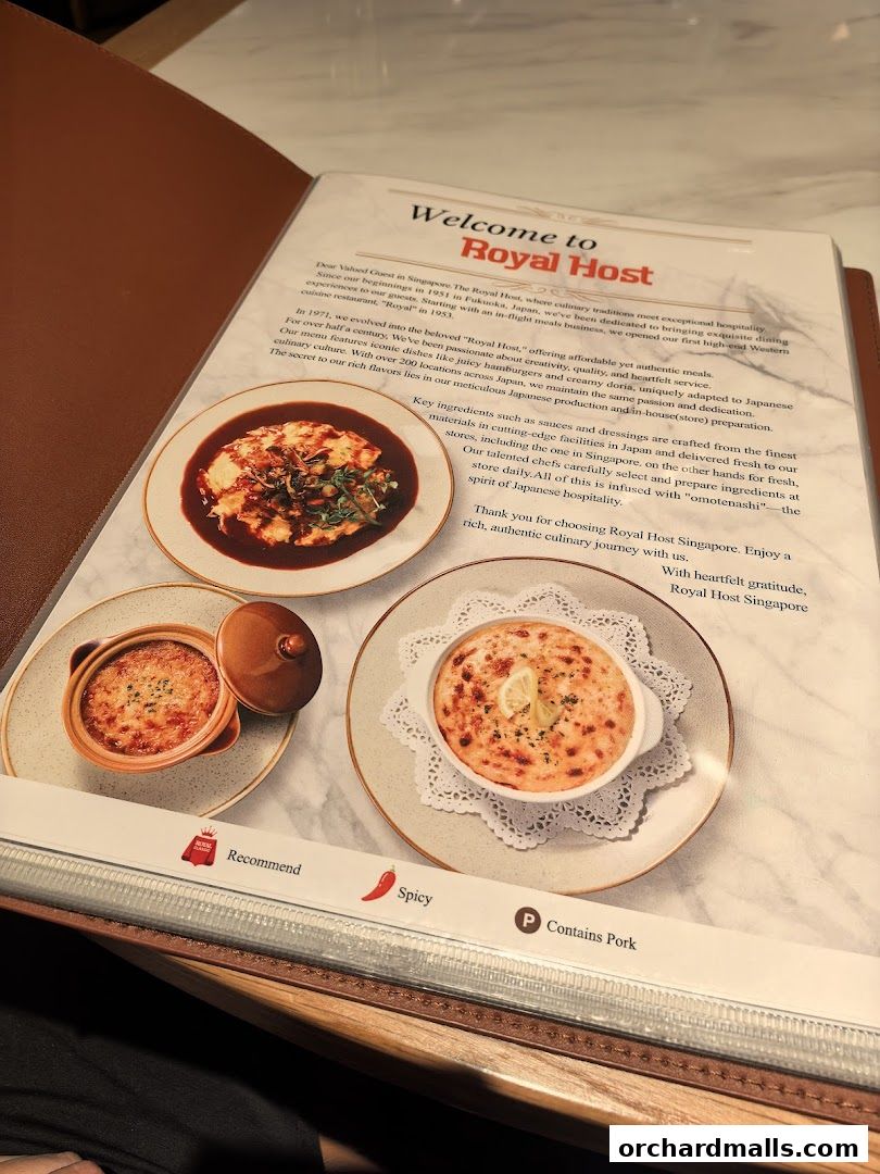 A menu from Royal Host Takashimaya S.C. featuring delicious Japanese dishes.