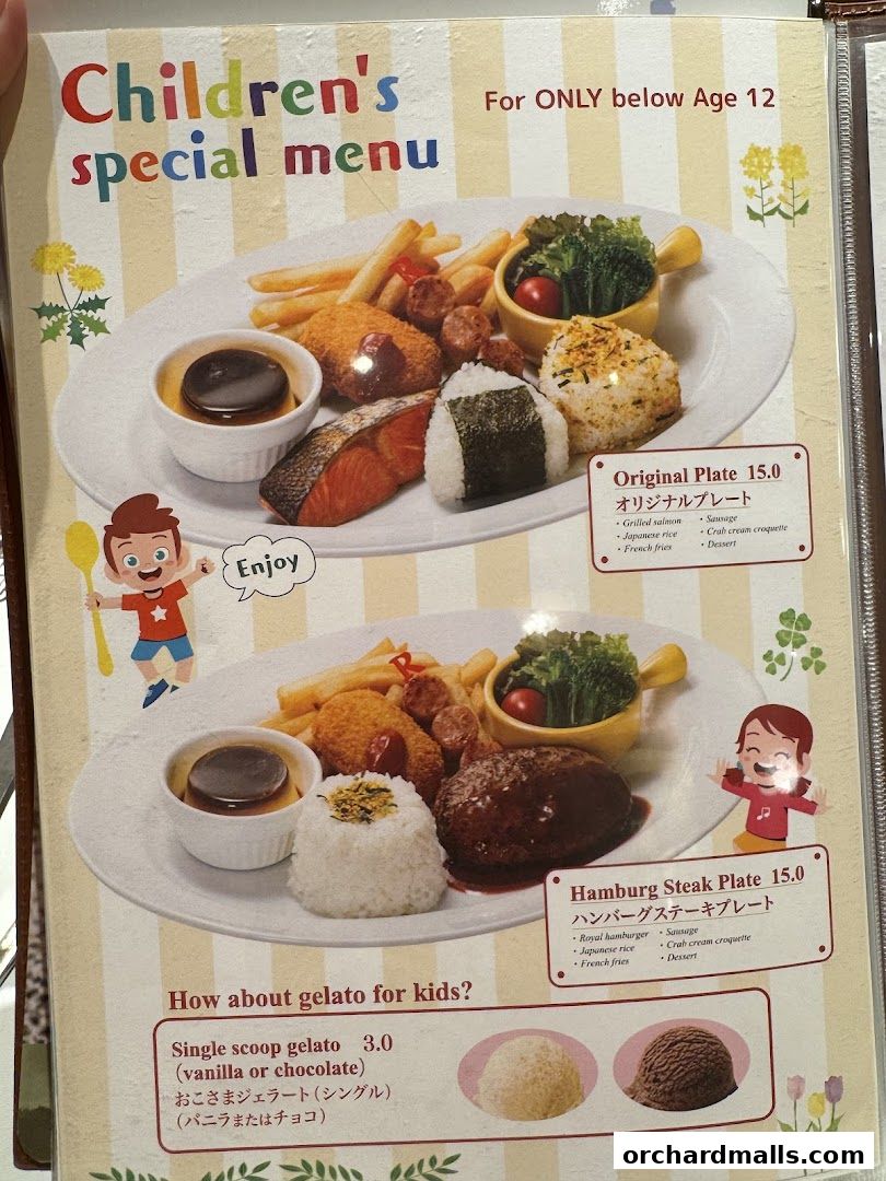 A children's special menu featuring two meal options and gelato.