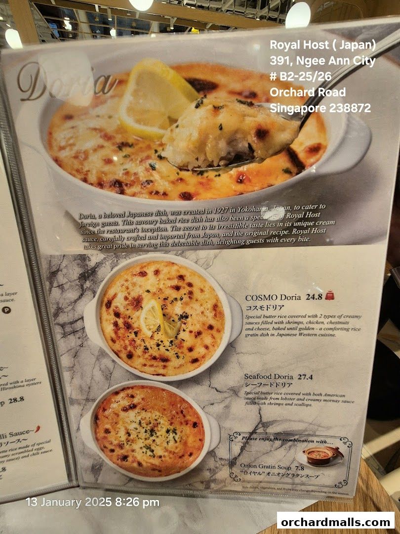A menu page from Royal Host featuring Doria dishes and Onion Gratin Soup.