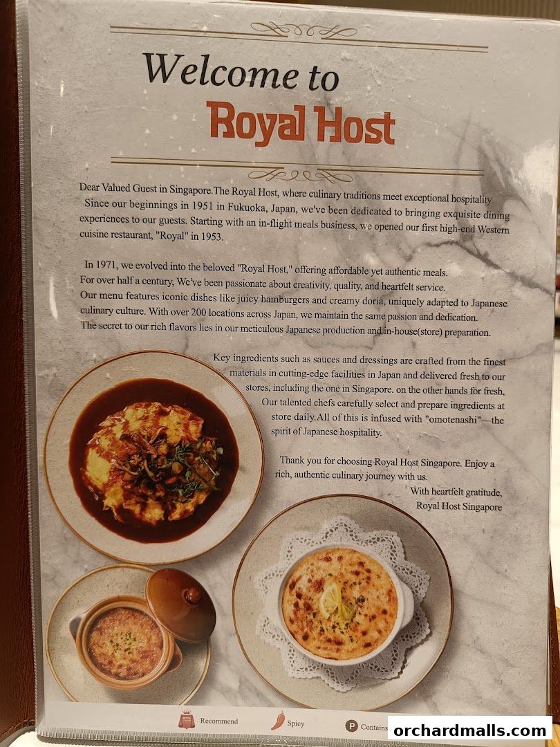A welcome page for Royal Host Singapore, showcasing their culinary philosophy and signature dishes.
