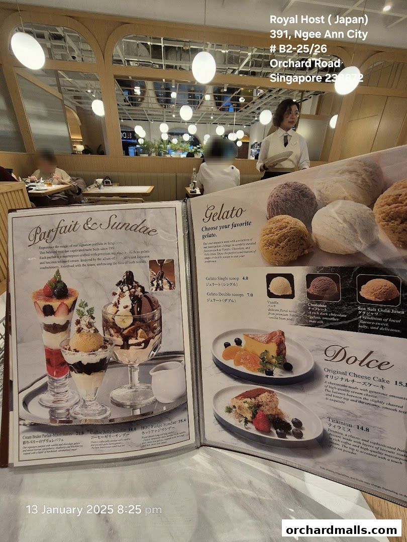 A menu showcasing parfaits, sundaes, gelato, cakes, and tiramisu with enticing descriptions and prices.