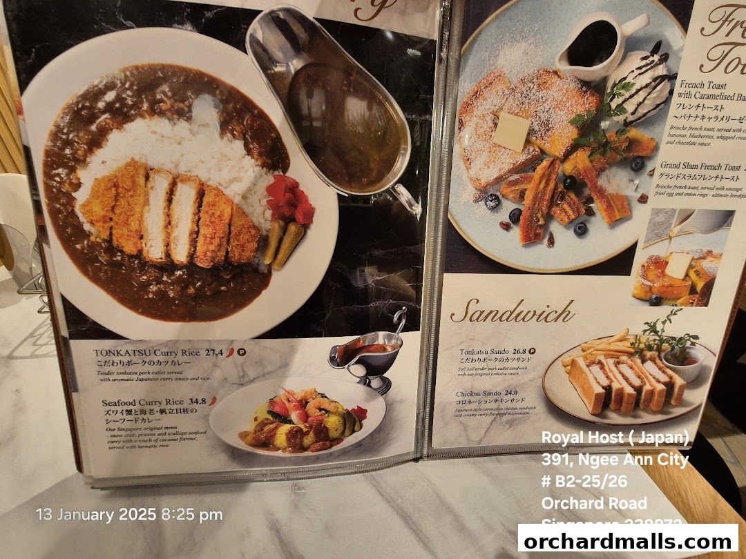 A menu showcasing Japanese curry rice, sandwiches, and French toast dishes.