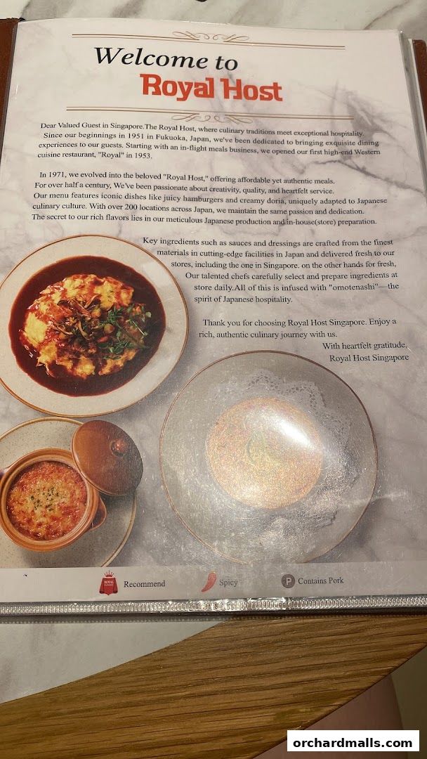 A welcome menu from Royal Host Singapore, showcasing their culinary heritage and dishes.