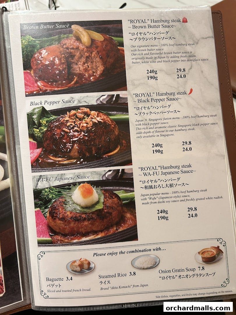 A menu showcasing three types of Royal Hamburg steak with different sauces and side dish options.