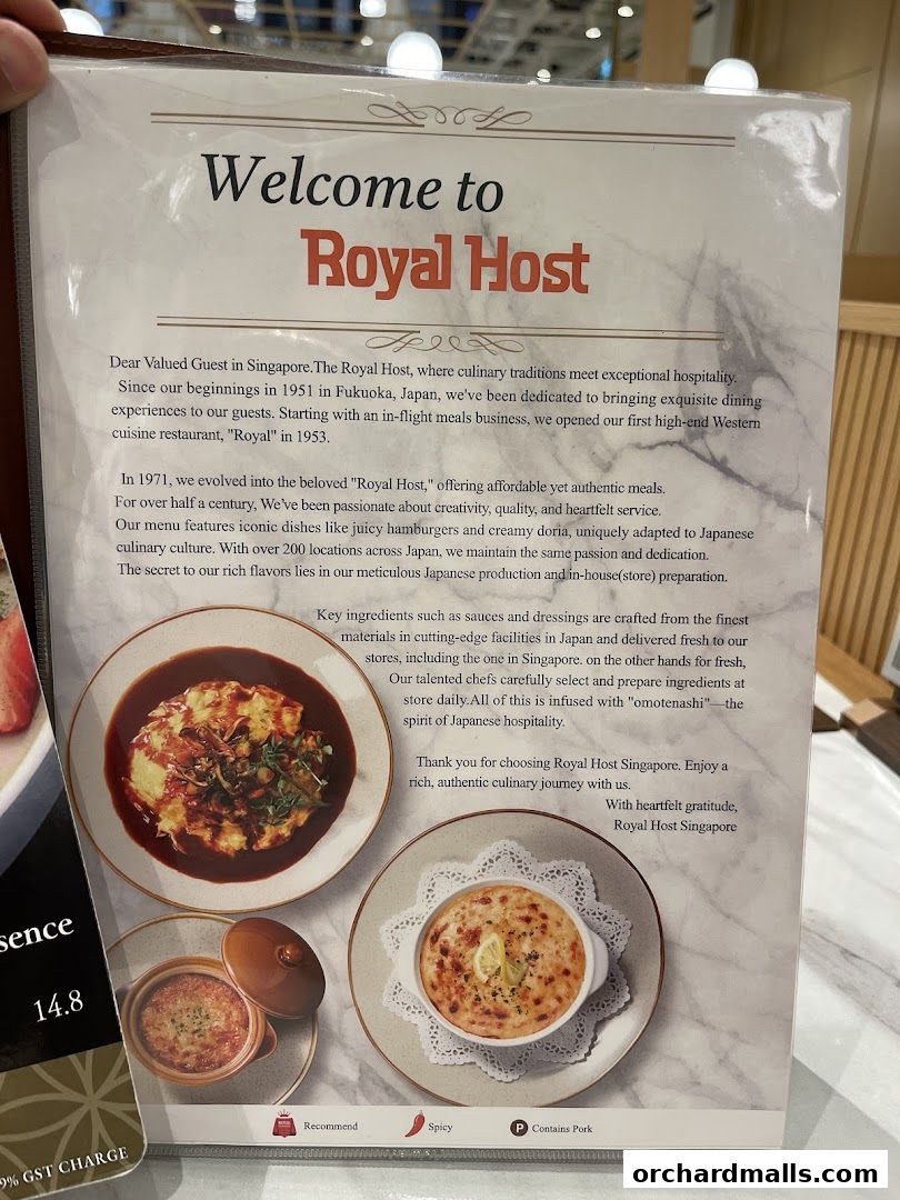 A welcome menu for Royal Host Singapore, showcasing their culinary philosophy and dishes.