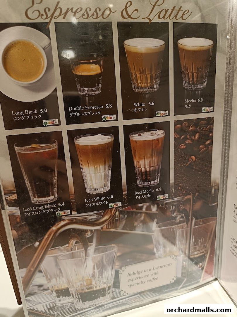 A menu showcasing various espresso and latte coffee drinks with prices and images.