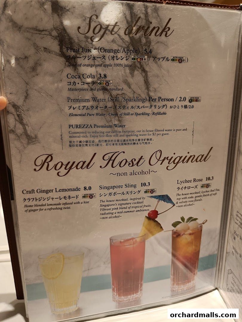 A menu page displaying soft drinks and mocktails with prices and descriptions.