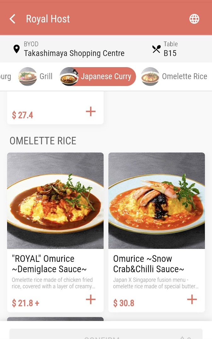 Menu page for Royal Host Takashimaya S.C.