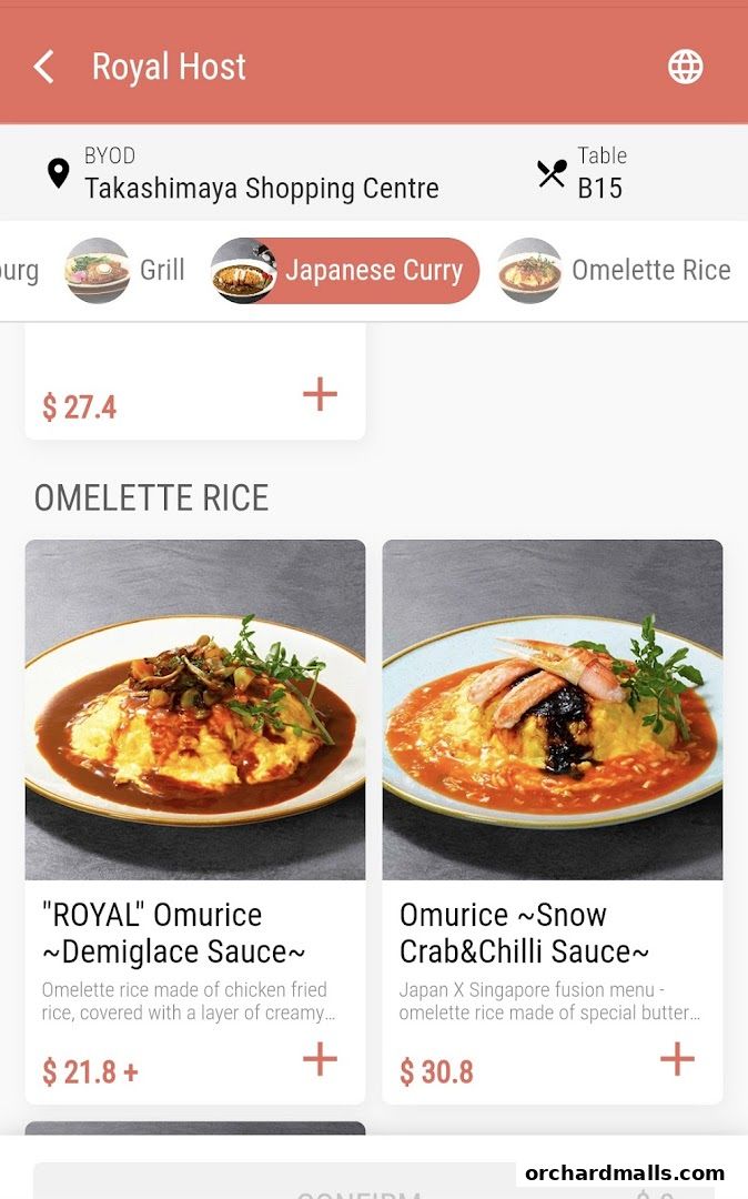 Menu items from Royal Host Takashimaya SC, featuring Omelette Rice dishes.