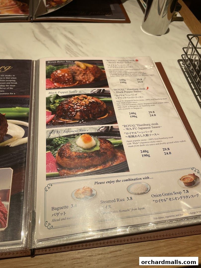 A menu page showcasing various hamburger steak options with sauces and side dishes.