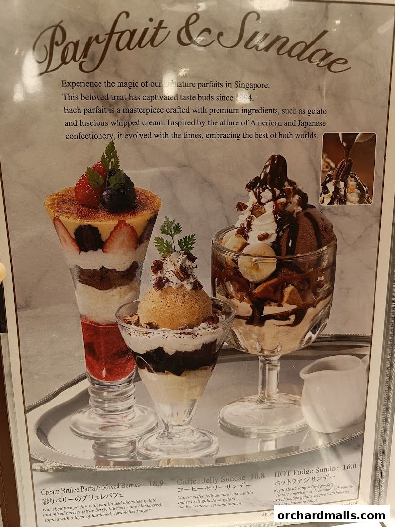 A menu showcasing delicious parfaits and sundaes with detailed descriptions and prices.