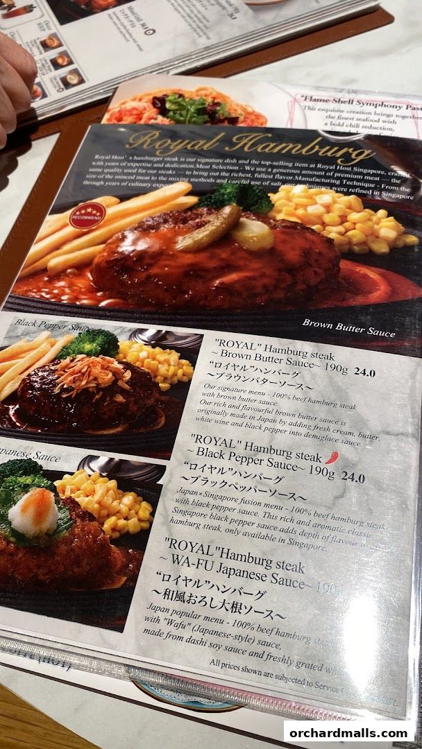 A menu from Royal Host Takashimaya S.C. featuring signature hamburger steaks.