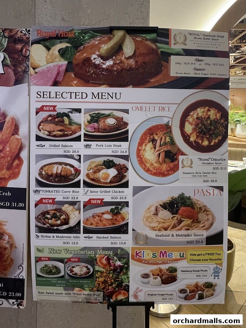 A menu from Royal Host Takashimaya S.C. featuring selected dishes, vegetarian options, and kids' meals.