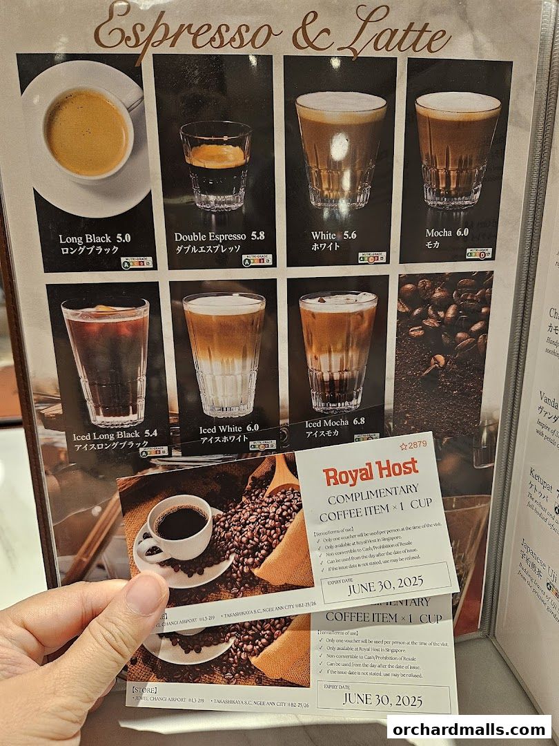 A menu showcasing various espresso and latte coffee drinks with prices and images.