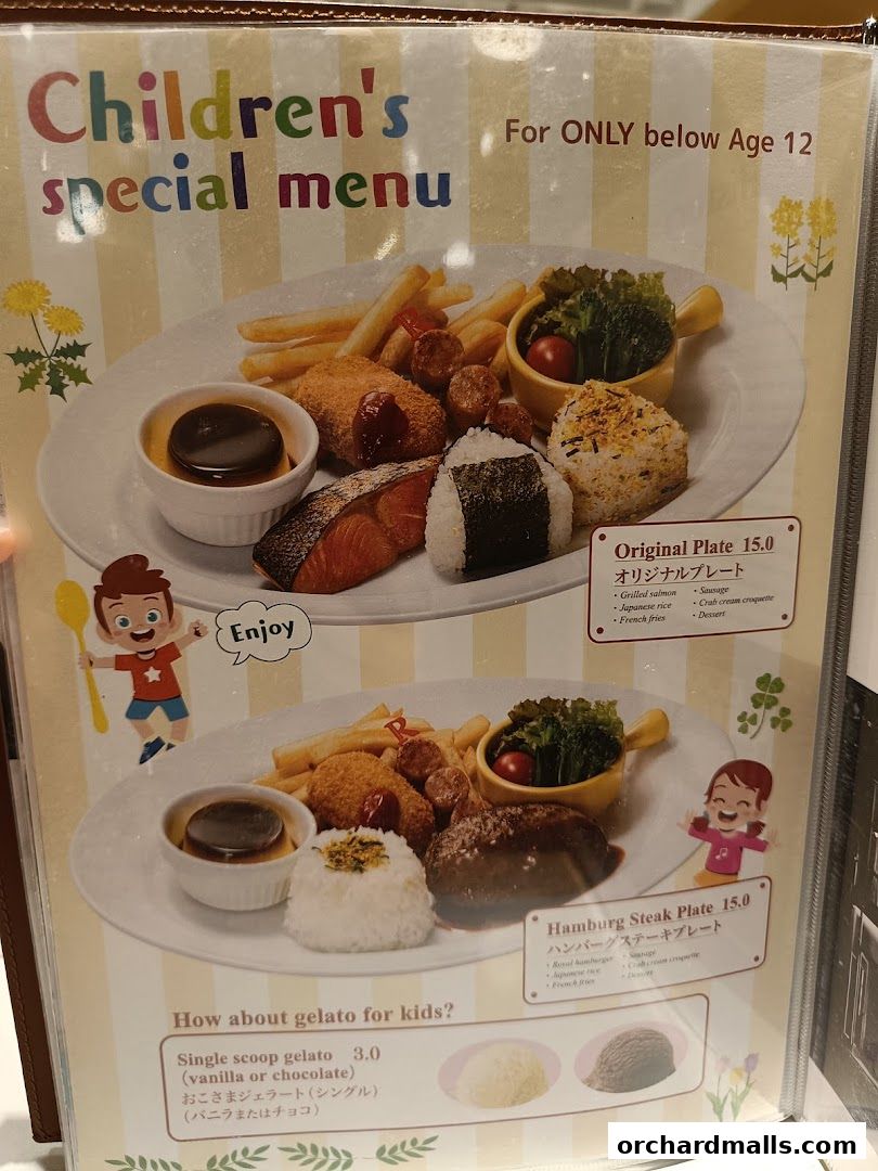 A children's special menu featuring two meal options and gelato for kids.