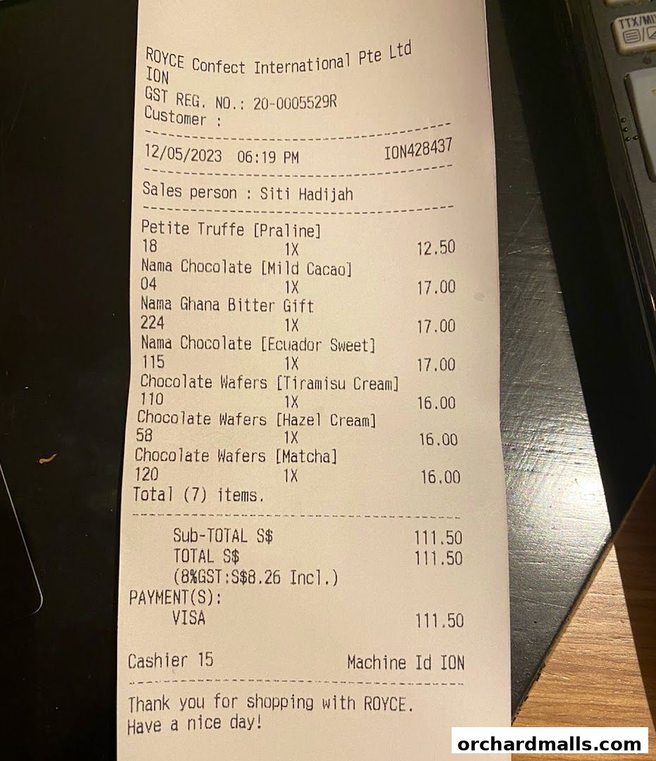 A receipt from Royce Confect International Pte Ltd detailing purchased items and their prices.