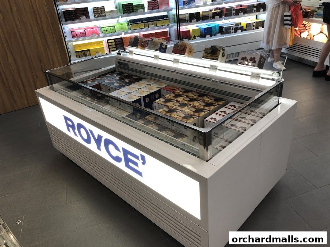 A Royce' chocolate display cooler filled with various chocolate products.